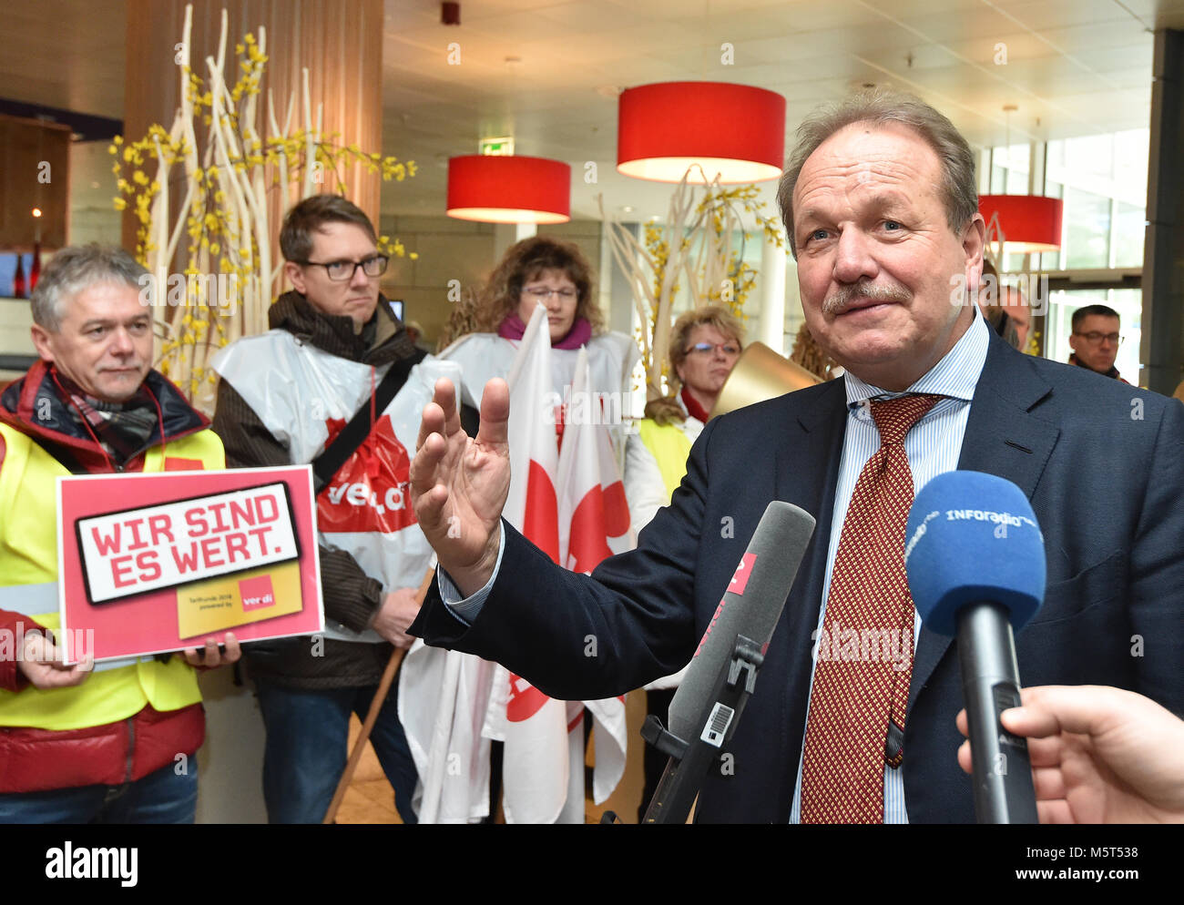 26 February 2018, Germany, Potsdam: The chairman of the German United Services Trade Union Verdi, Frank Bsirske, delivers a statement to the press at the beginning of the first round of negotiations concerning the salaries of public service sector employees. Public sector unions are demanding a pay increase of six percent. Photo: Bernd Settnik/dpa-Zentralbild/dpa Stock Photo