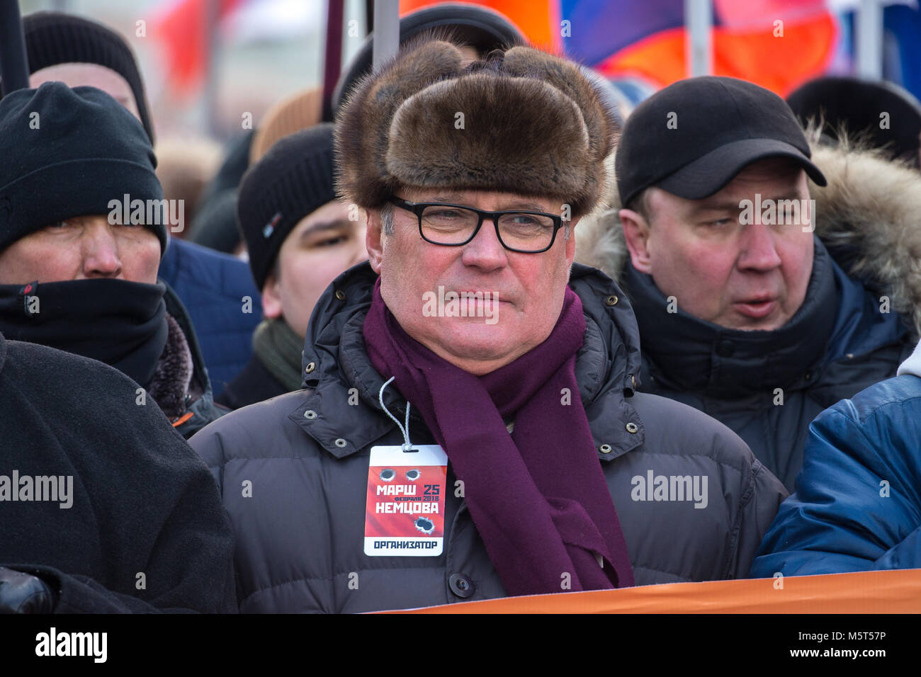 Moscow, Russia. 25th February 2018. Chairman of the People's Freedom Party (PARNAS) Mikhail Kasyanov (center), take part in a march in memory of Russian politician and opposition leader Boris Nemtsov on the eve of the 3rd anniversary of his death. Boris Nemtsov was shot dead on Bolshoi Moskvoretsky Bridge in the evening of February 27, 2015. Credit: Victor Vytolskiy/Alamy Live News Stock Photo