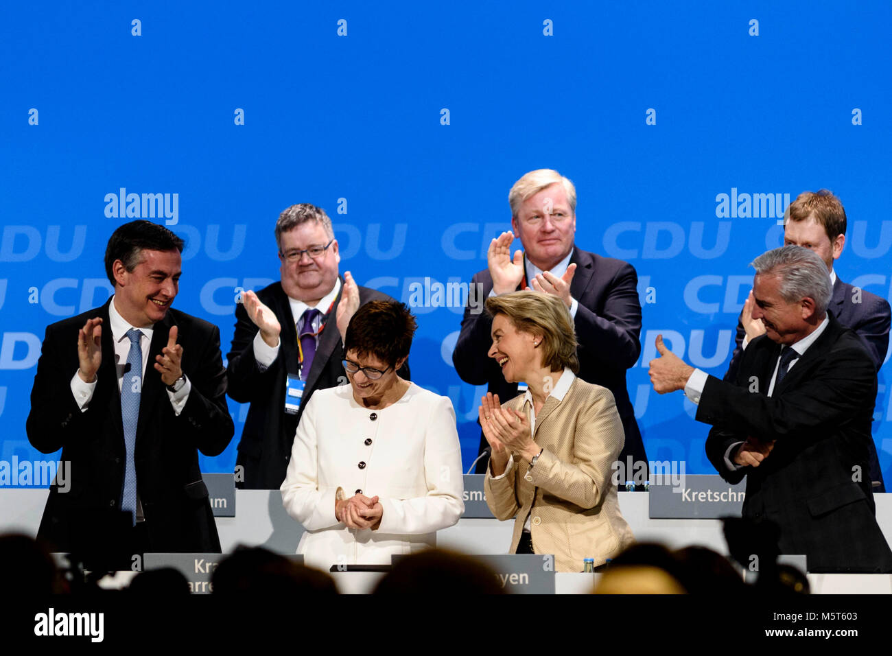 Berlin, Germany. 26th Feb, 2018. CDU members applaud the Annegret Kramp-Karrenbauer (C) during the 30th congress of the CDU. The CDU votes today at the party convention in Berlin on the coalition agreement negotiated with the CSU and the SPD. Credit: 20180226 Heine 30CDUParteitag 1274.jpg/SOPA Images/ZUMA Wire/Alamy Live News Stock Photo