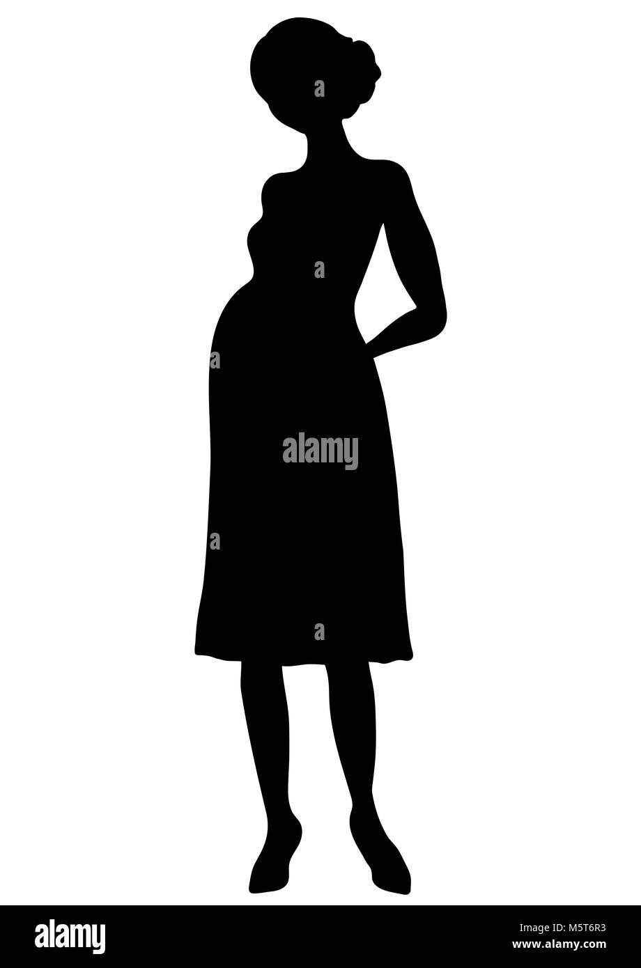 Pregnant woman silhouette, vector outline drawing, shape expectant girl with a big belly full-length, contour black and white portrait future mother i Stock Vector