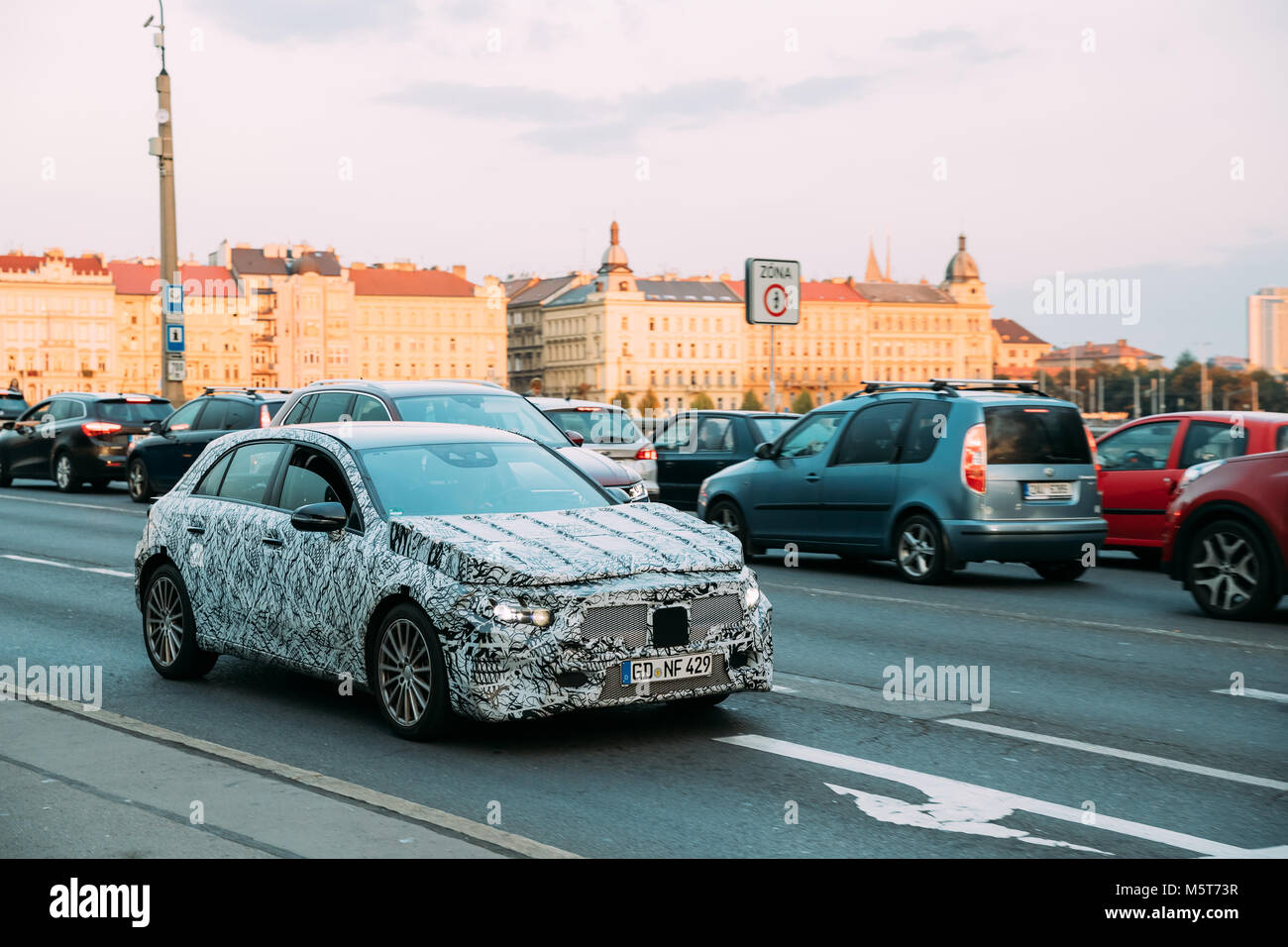 Prague, Czech Republic - September 22, 2017: 2018 Mercedes-Benz A-class In Prague Street. Spy Photo Shots Of Car In Full Camo. Stock Photo