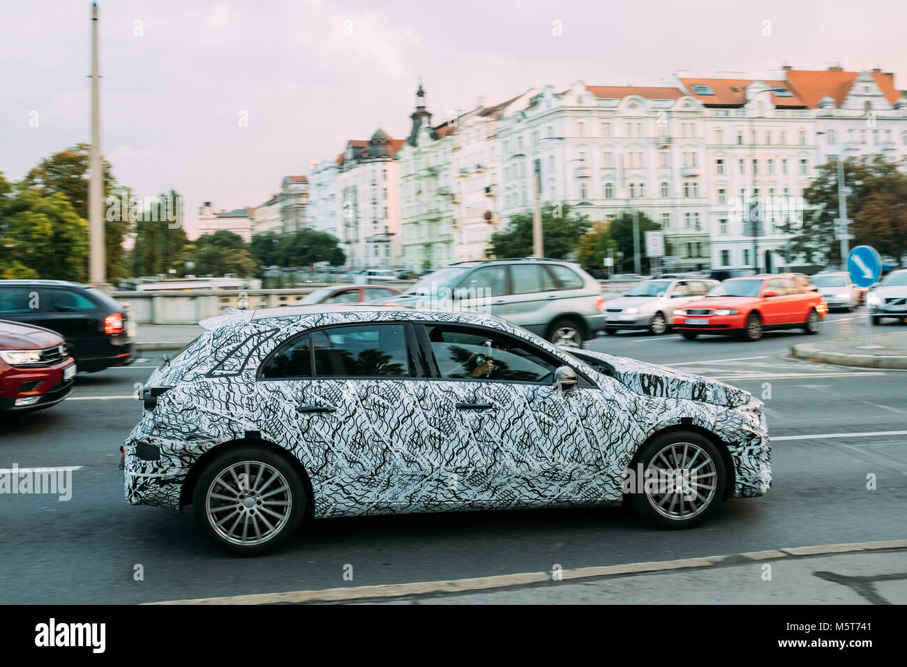 Prague, Czech Republic - September 22, 2017: 2018 Mercedes-Benz A-class In Prague Street. Spy Photo Shots Of Car In Full Camo. Stock Photo