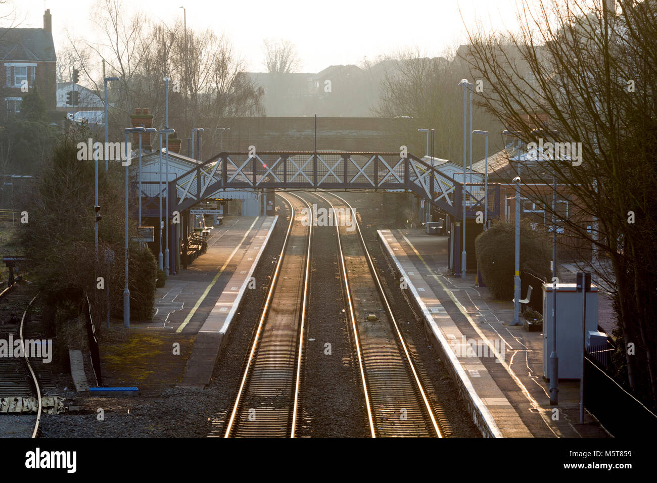 An early morning view of Evesham railway station, Cotswold Line, Worcestershire, England, UK Stock Photo