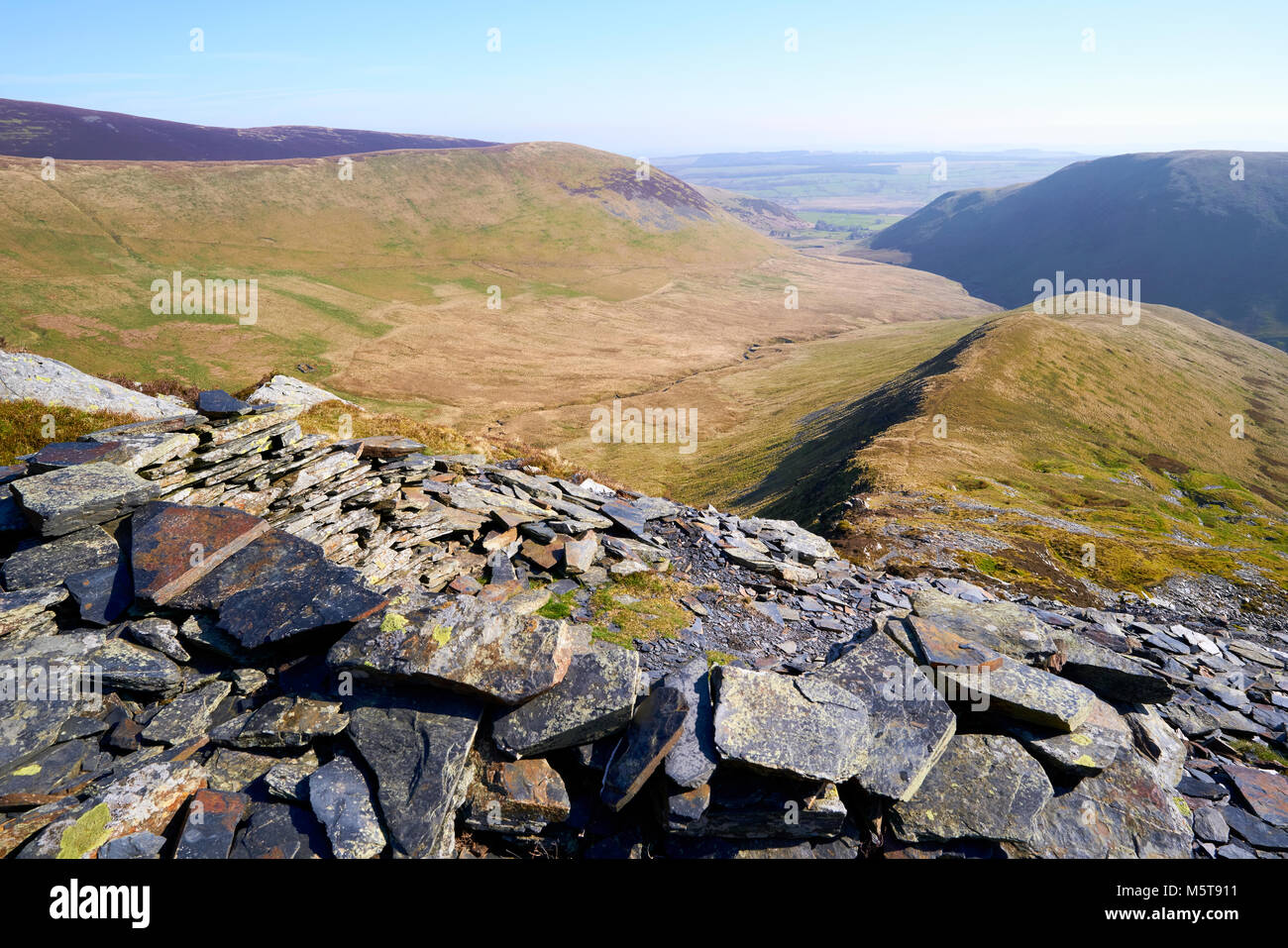 Looking down a ridge towards Bannerdale from Bannerdale Crags, Bowscale Fell in the English Lake District, UK. Stock Photo