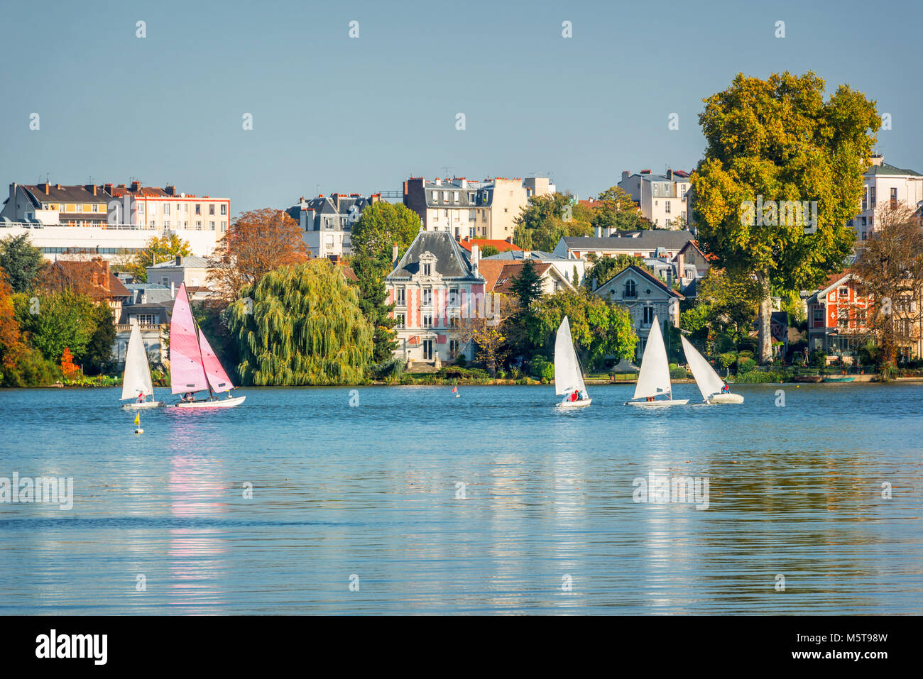 Sailing boats on the lake of Enghien les Bains near Paris, France Stock Photo