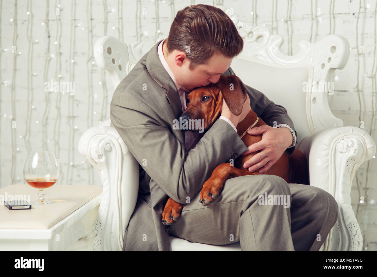 Successful businessman sitting in a chair with his dog Stock Photo - Alamy
