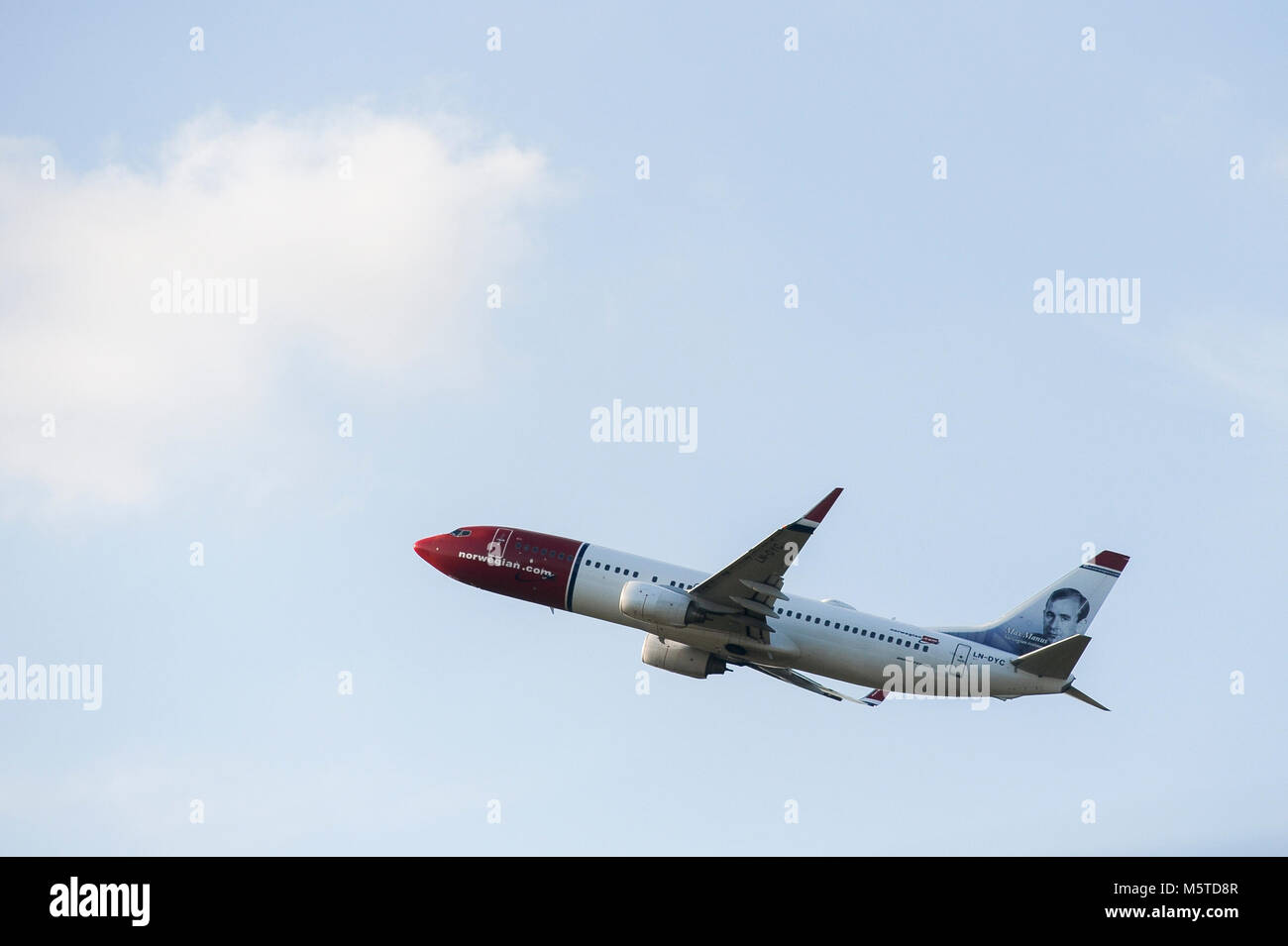 Norwegian Boeing 737 8JP aircraft over Billund Airport in Billund, Denmark. August 7th 2015 © Wojciech Strozyk / Alamy Stock Photo Stock Photo