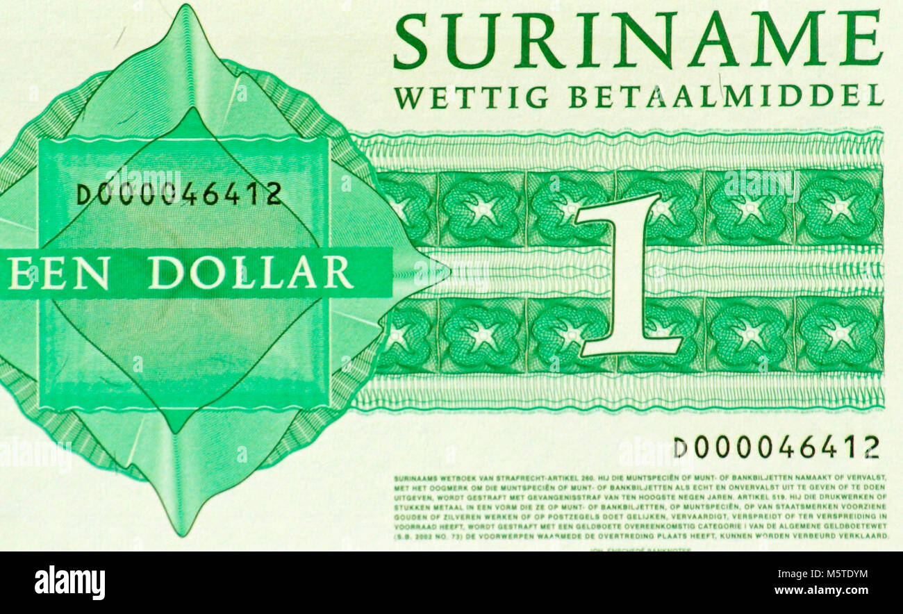 Suriname One 1 Dollar Bank Note Stock Photo
