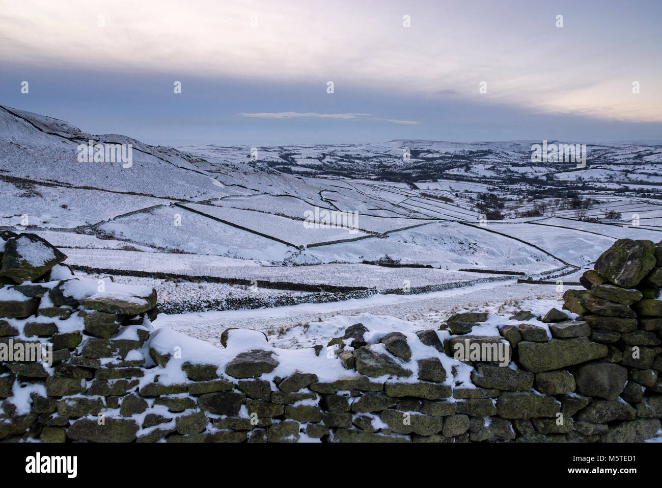 Snowy winter morning in the hills of the Peak District. View from South Head towards Chapel-en-le-frith, Derbyshire, England. Stock Photo