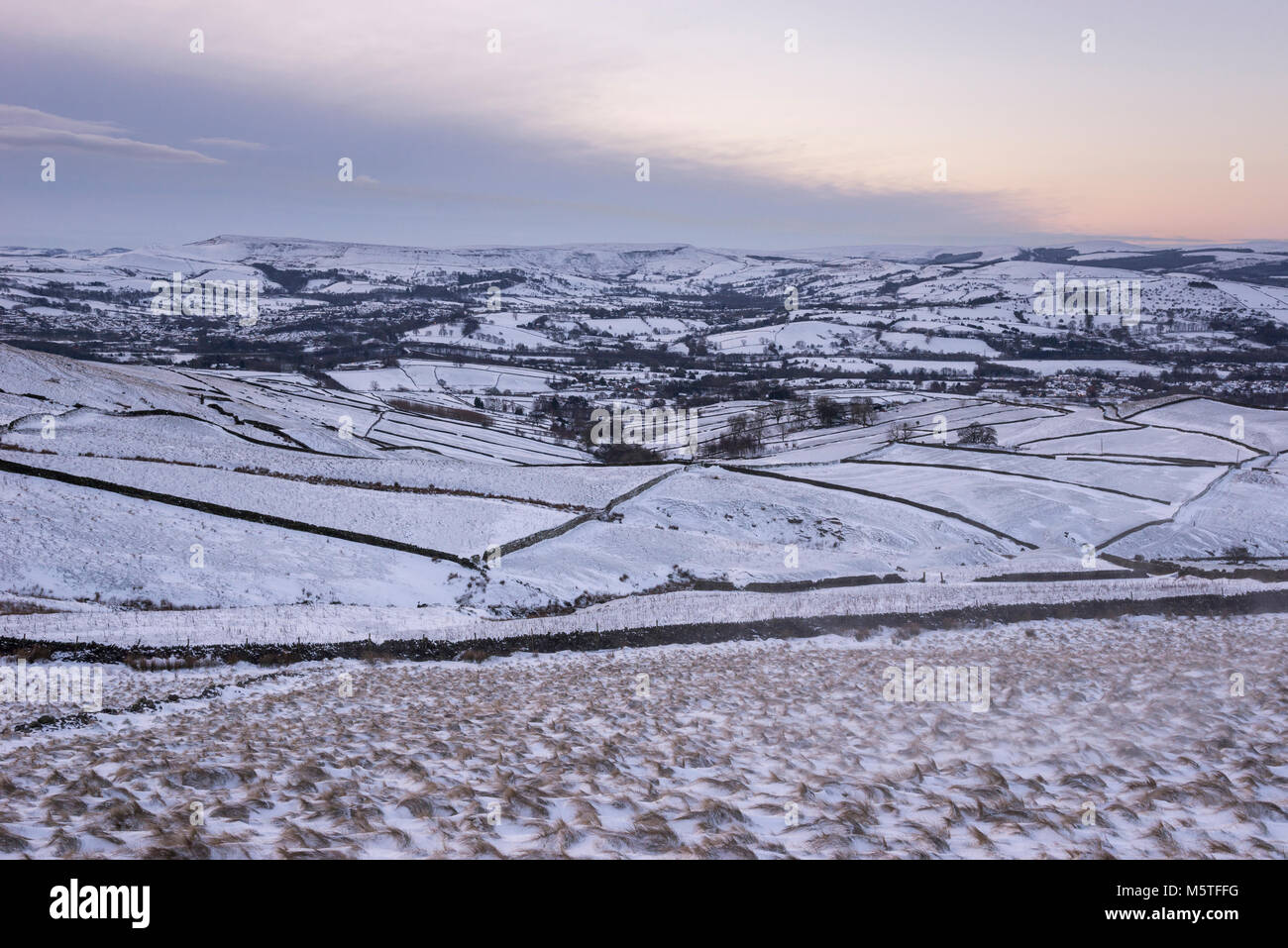 Snowy winter morning in the hills of the Peak District. View towards Chapel-en-le-frith in Derbyshire, England. Stock Photo