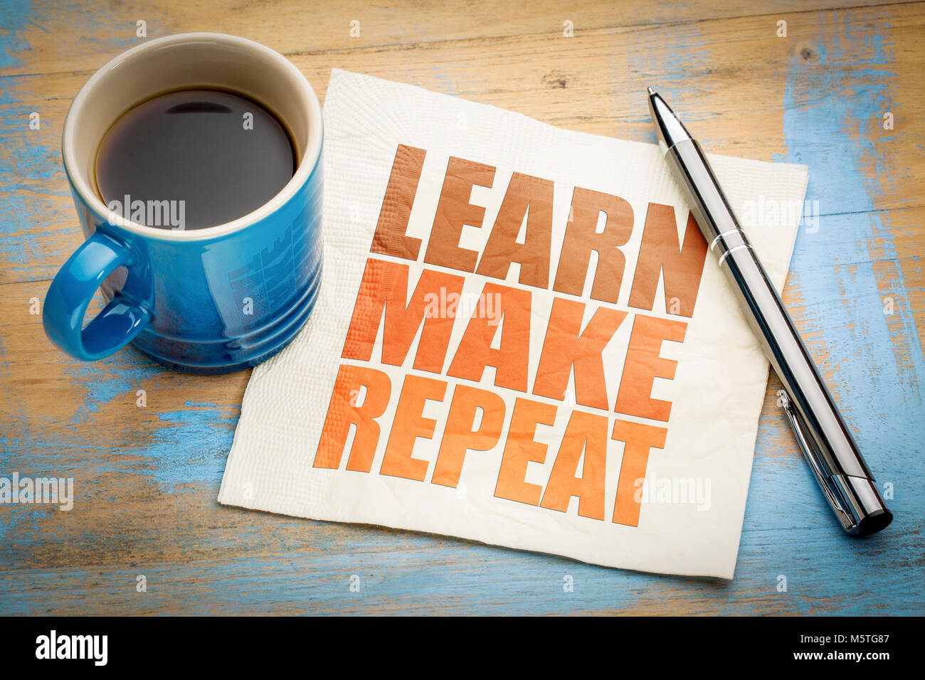 learn, make repeat motivational concept on a napkin with a cup of ...