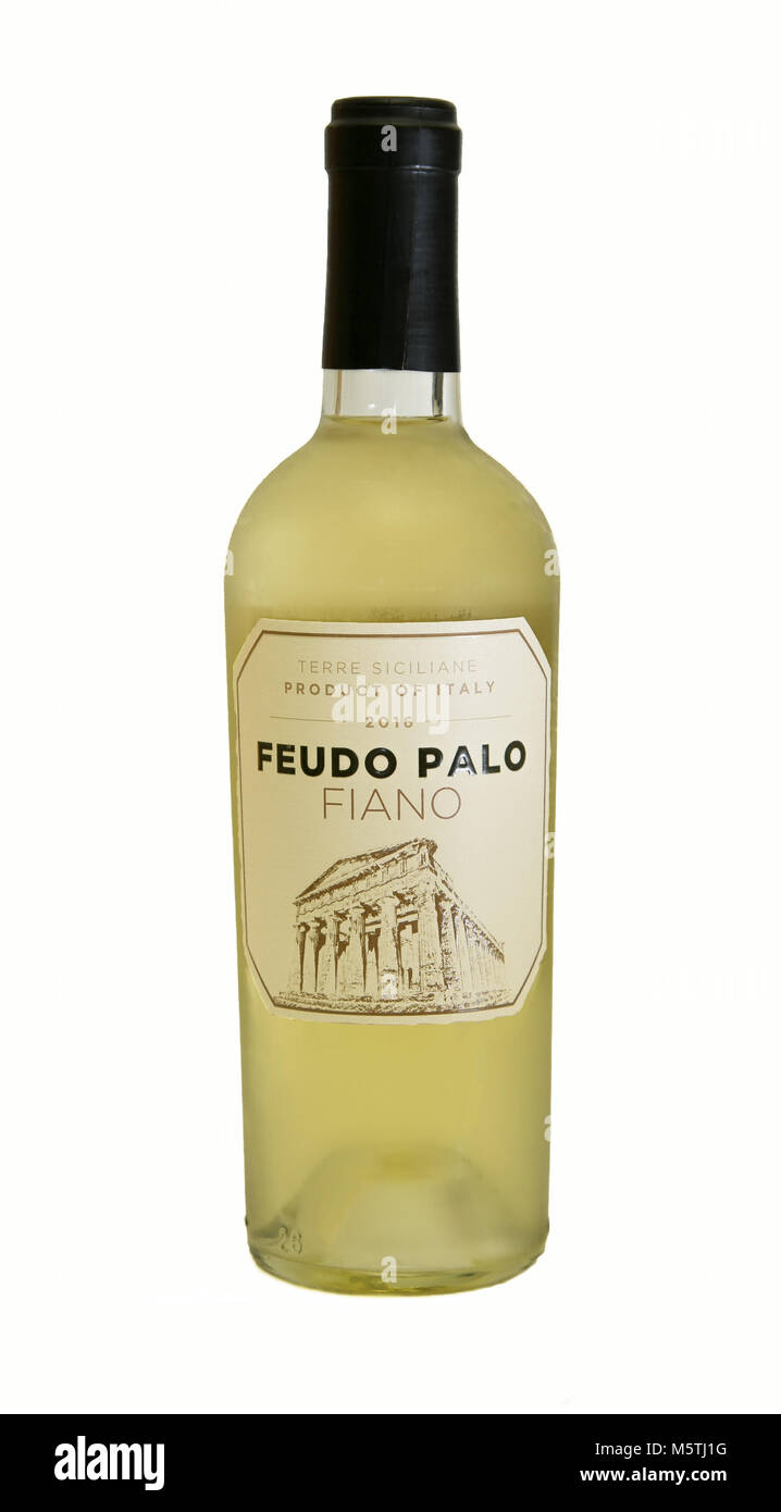 New York, February 25, 2018:  Bottle of Feudo Palo white wine on white background. Stock Photo