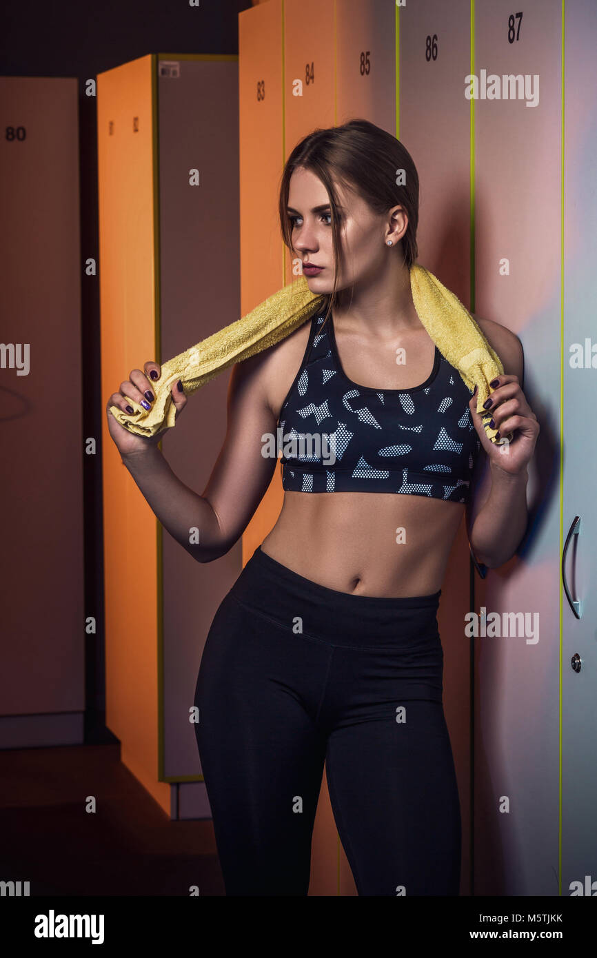 Fitness Young Beautiful Woman With Towel Resting In Dressing