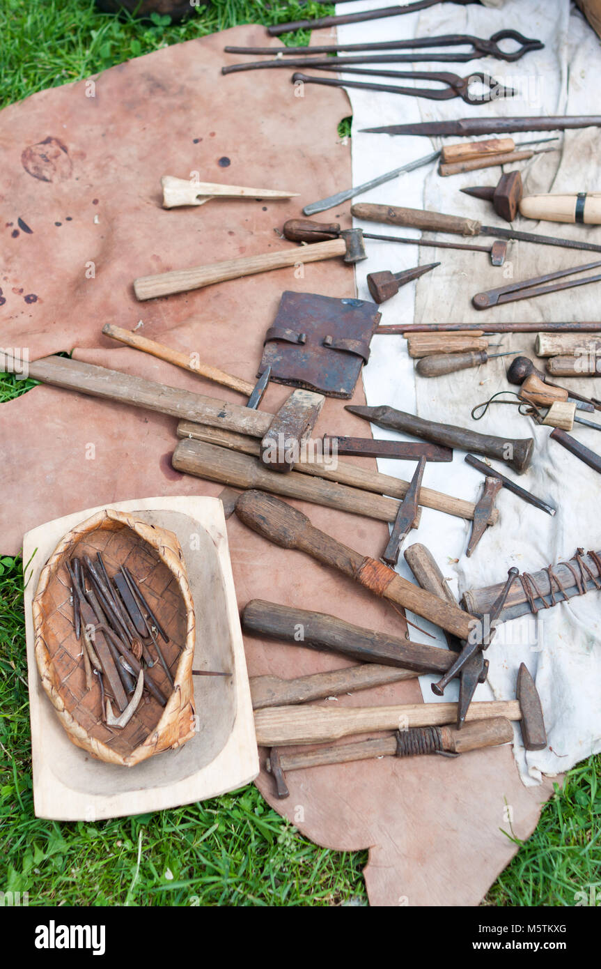 Ancient tools for the production of metal ornaments of small useful things in the household - the first age of our era. Stock Photo