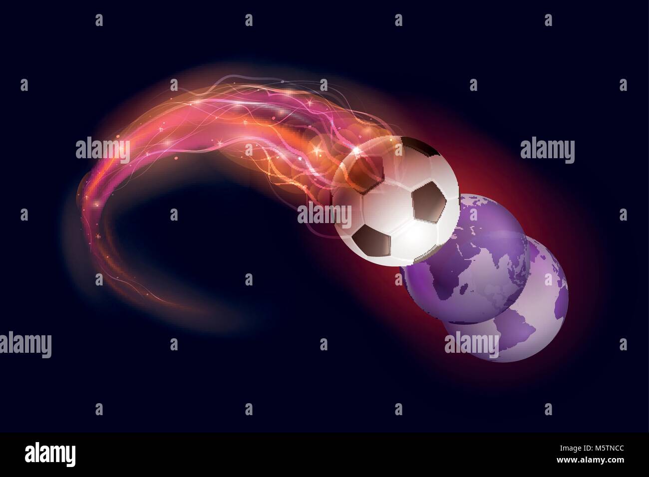 Soccer ball in flames and lights on black background. World Cup 2018 concept vector illustration. Stock Vector