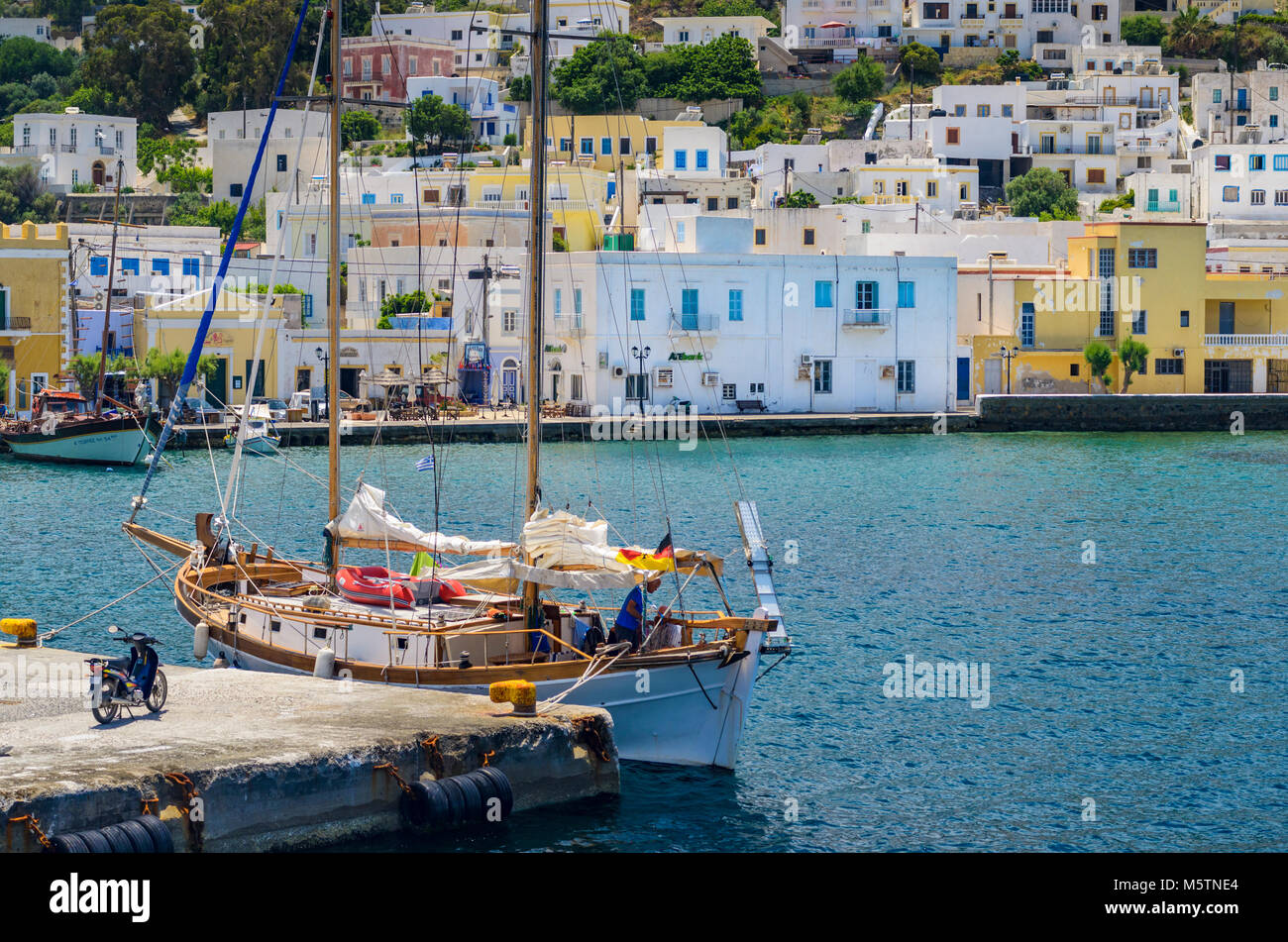 A yacht anchored at the town of Lakki, Leros, Dodecanese, Greece Stock  Photo - Alamy