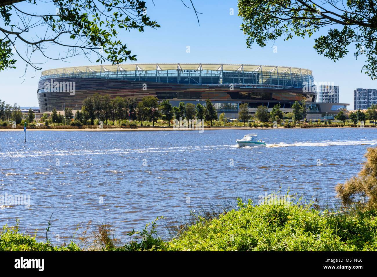 The new Perth Optus Stadium on Burswood Peninsula looking over the Swan