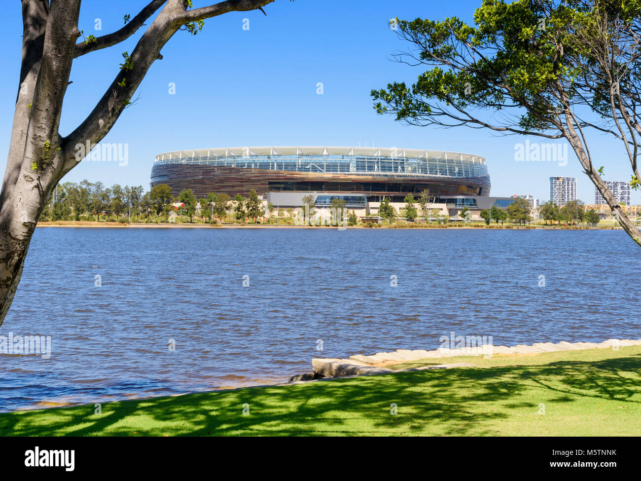 The new Perth Optus Stadium on Burswood Peninsula looking over the Swan River, Perth, Western Australia Stock Photo