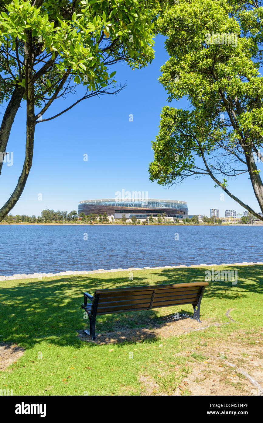 The new Perth Optus Stadium on Burswood Peninsula looking over the Swan River, Perth, Western Australia Stock Photo