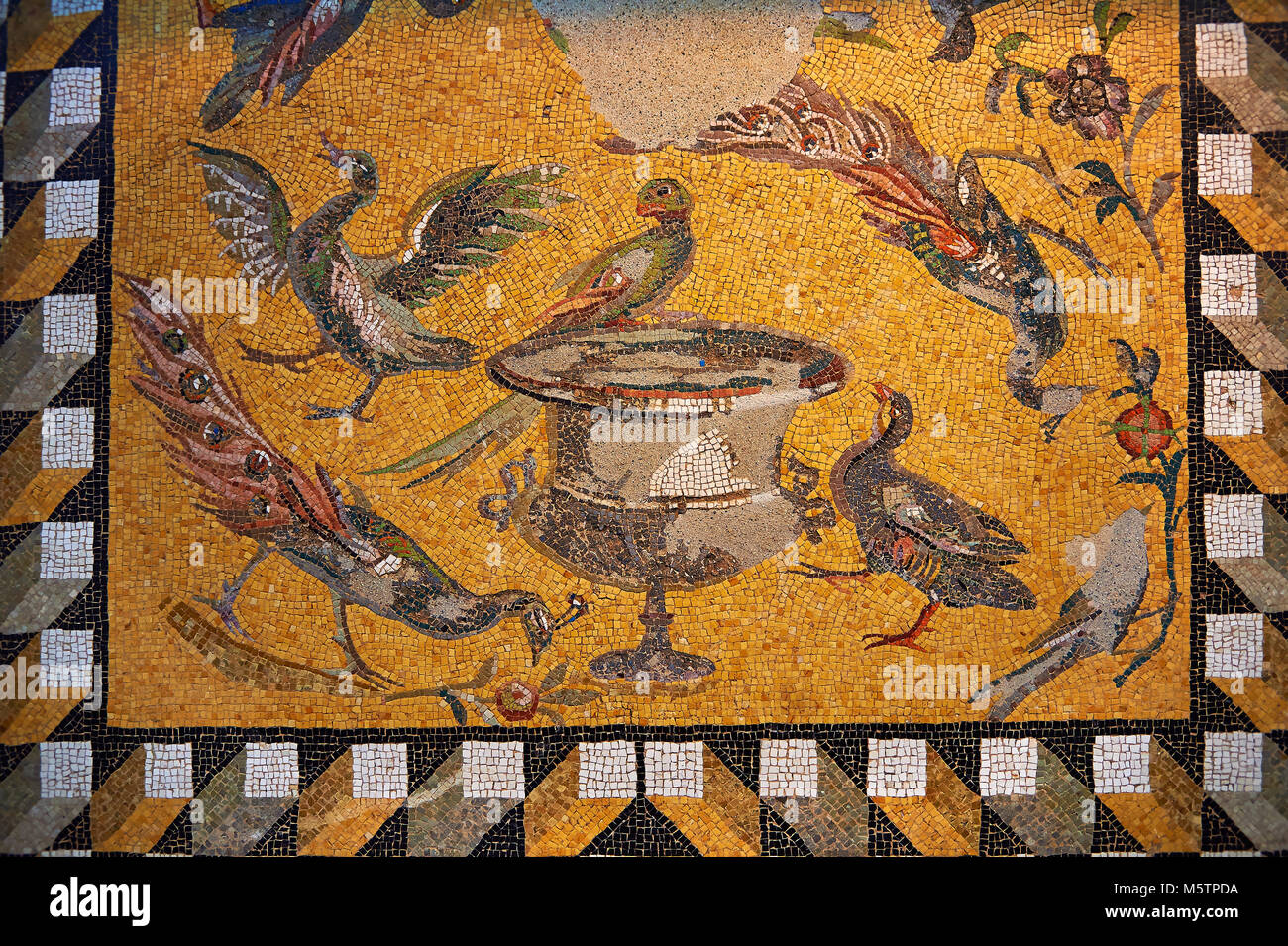 Birds around a  Daphne vase. 1st to 3rd century SD Roman Mosaic from Antioche, Turkey. Louvre Museum, Paris Stock Photo