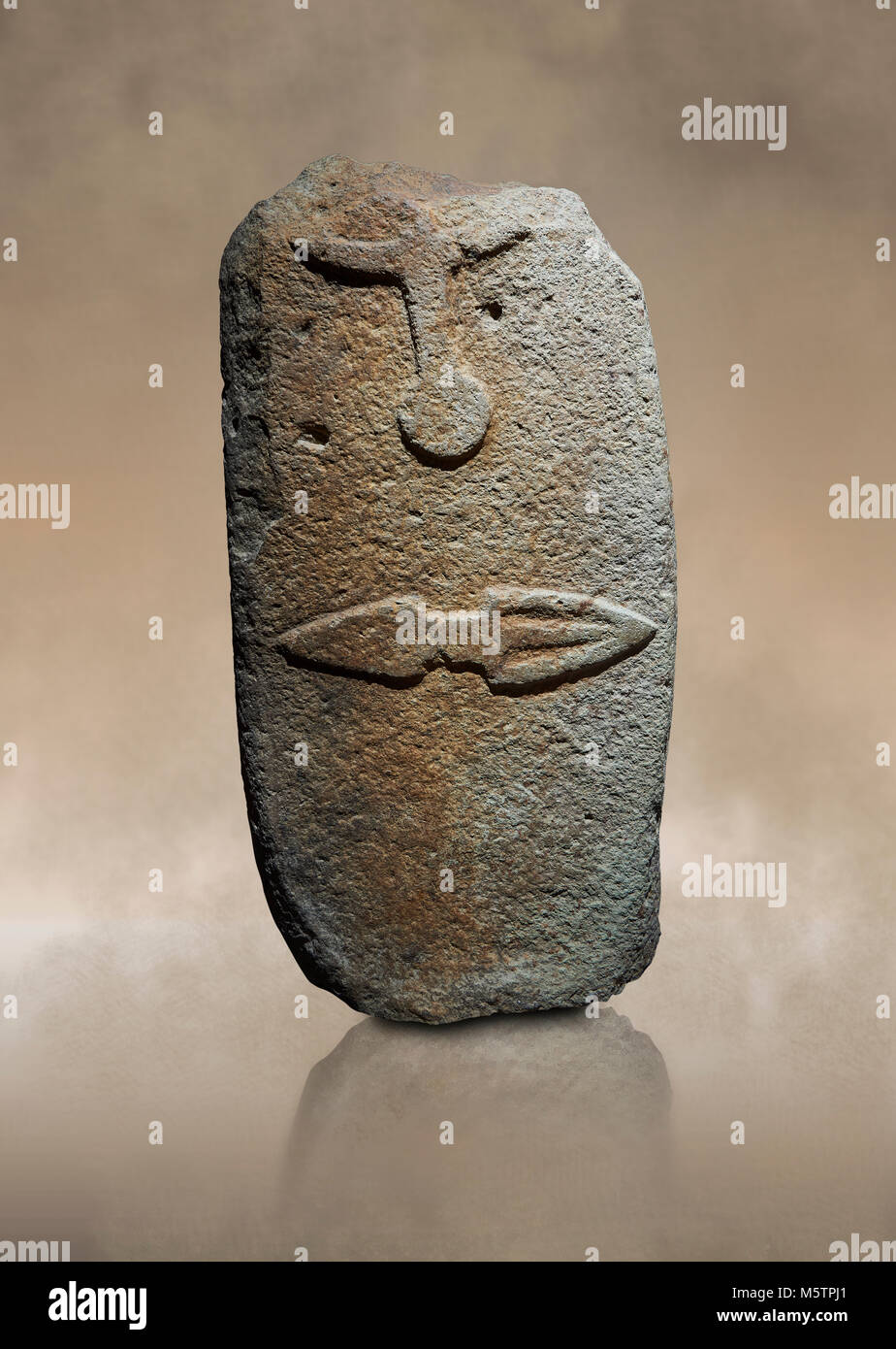 Late European Neolithic prehistoric Menhir standing stone with carvings on its face side. The representation of a stylalised male figure starts at the Stock Photo