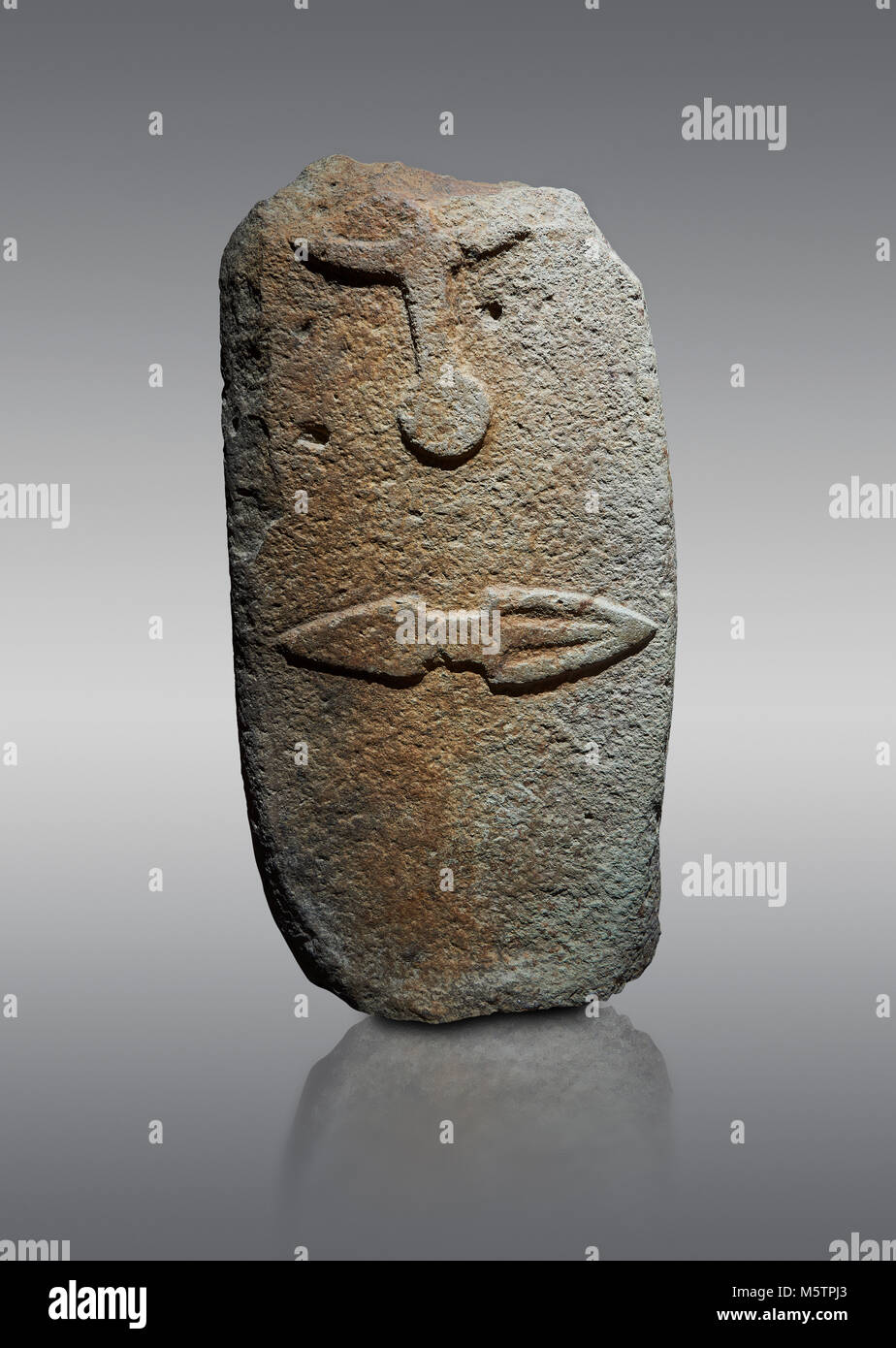 Late European Neolithic prehistoric Menhir standing stone with carvings on its face side. The representation of a stylalised male figure starts at the Stock Photo