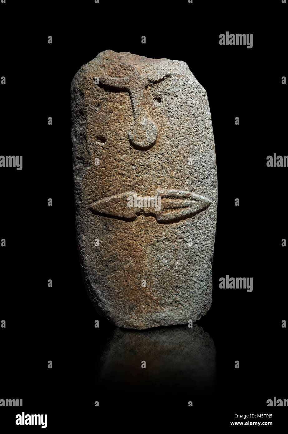 Late European Neolithic prehistoric Menhir standing stone with carvings on its face side. The representation of a stylalised male figure starts at the Stock Photo