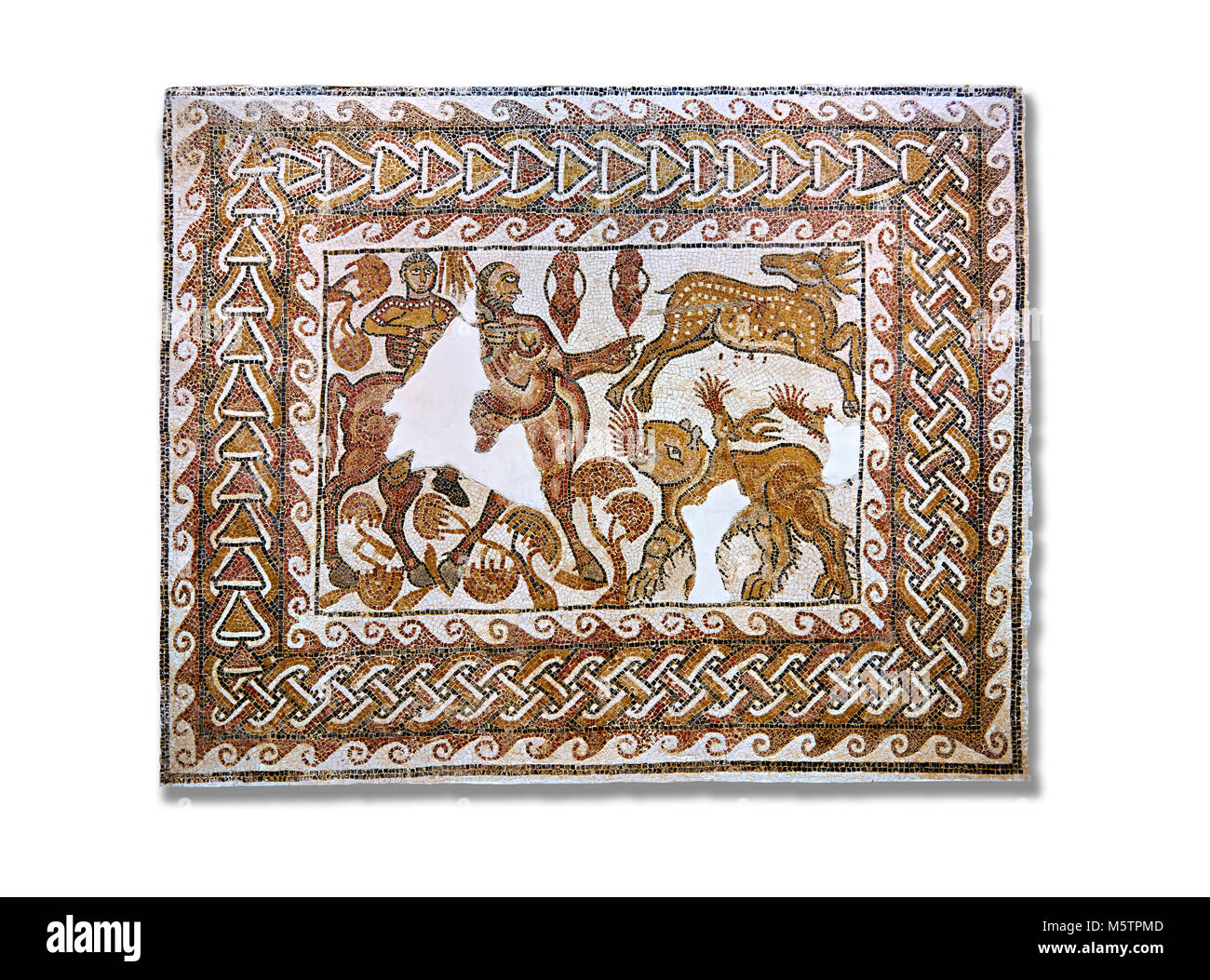 Roman mosaic depicting The Education of Achilles by the Centaur Chiron. Achilles , left, is depicted riding a centaur ( mosaic of its body s missing)  Stock Photo