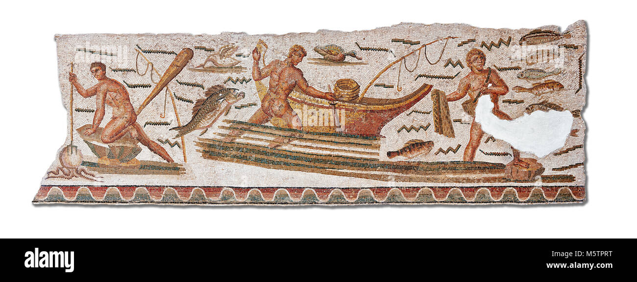Roman mosaic depicting fishermen. The fisherman on the left is about to spear an octopus with a trident. The fisherman in the middle is pushing his bo Stock Photo