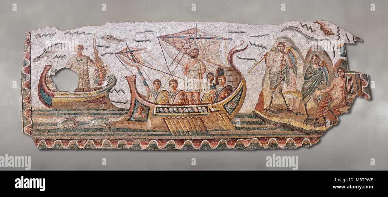 Roman mosaic depicting Ulysses resisting the songs of the Sirens on his way back from Troy. In Homers Odyssey it is told that when Ulysses returned ho Stock Photo