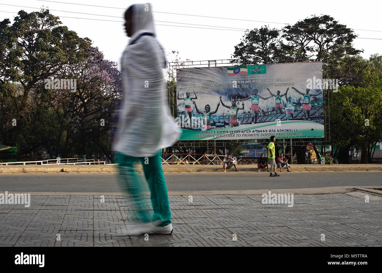Billboard advocating for the fight against doping in athleticism ( Ethiopia). The campaign is carried out by the Ethiopia National Anti doping Office. Stock Photo