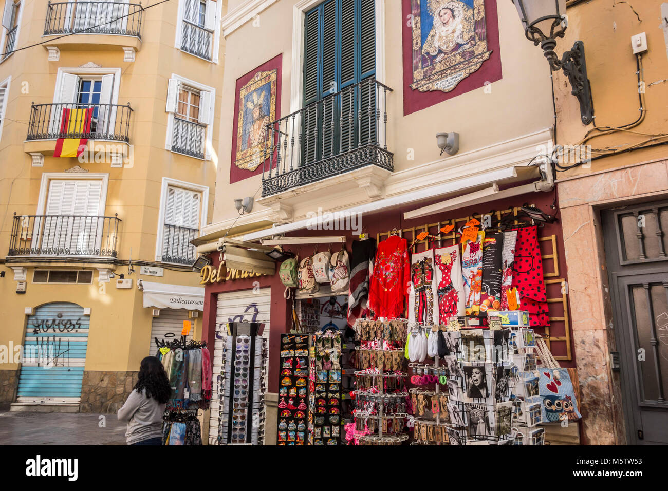 Historic center, street view souvenir shop.Malaga, Spain Stock Photo