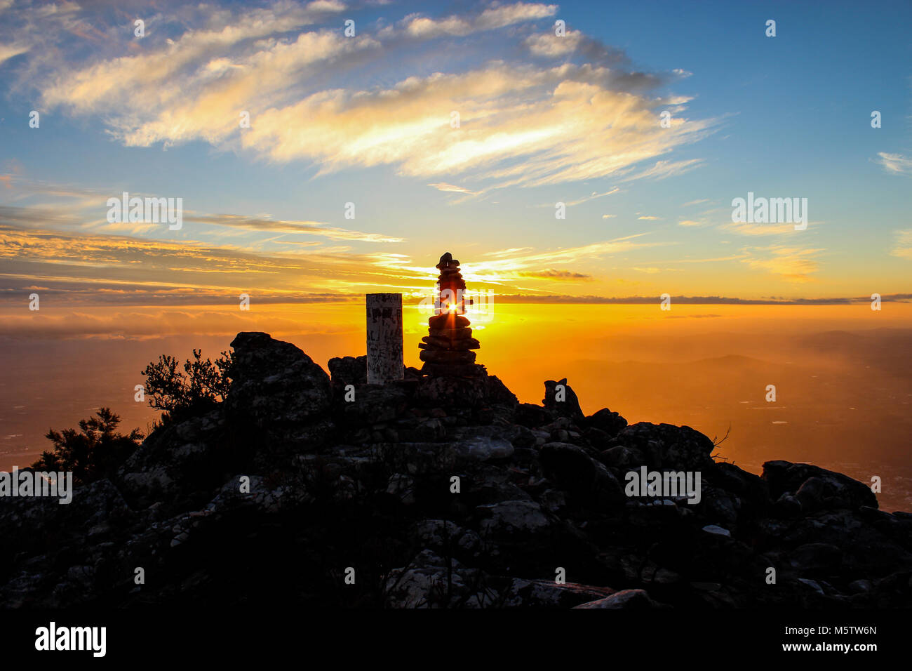 Sunset from Stellenbosch mountain summit, Hottentots Holland Mountain Catchment Area Stock Photo
