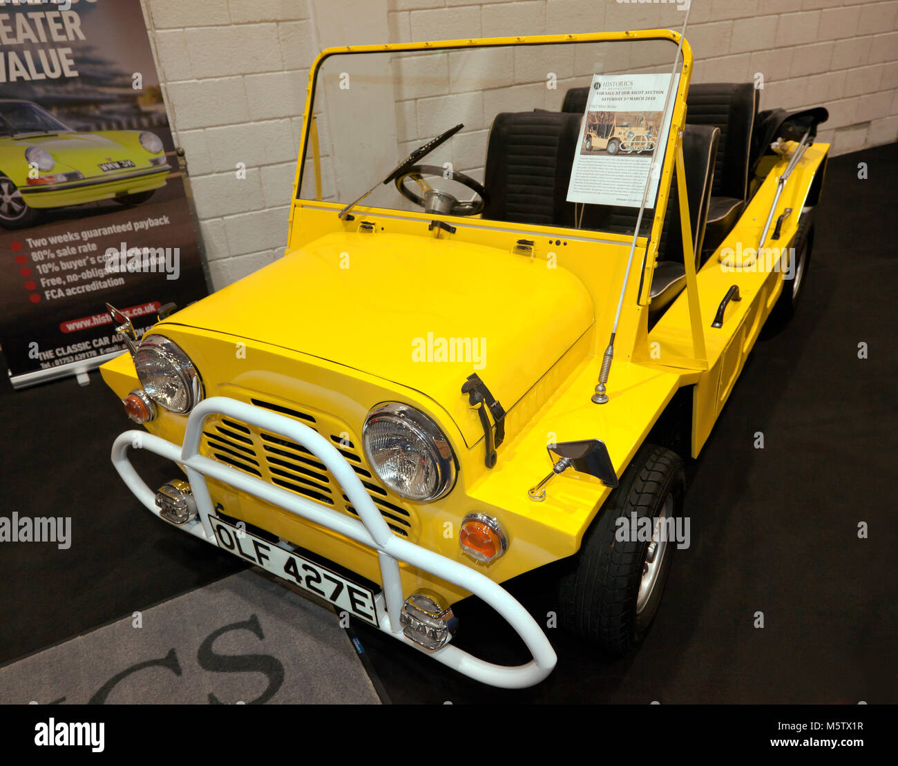 A Yellow, 1967  Mini Moke,  on display at the 2018 London Classic Car Show Stock Photo