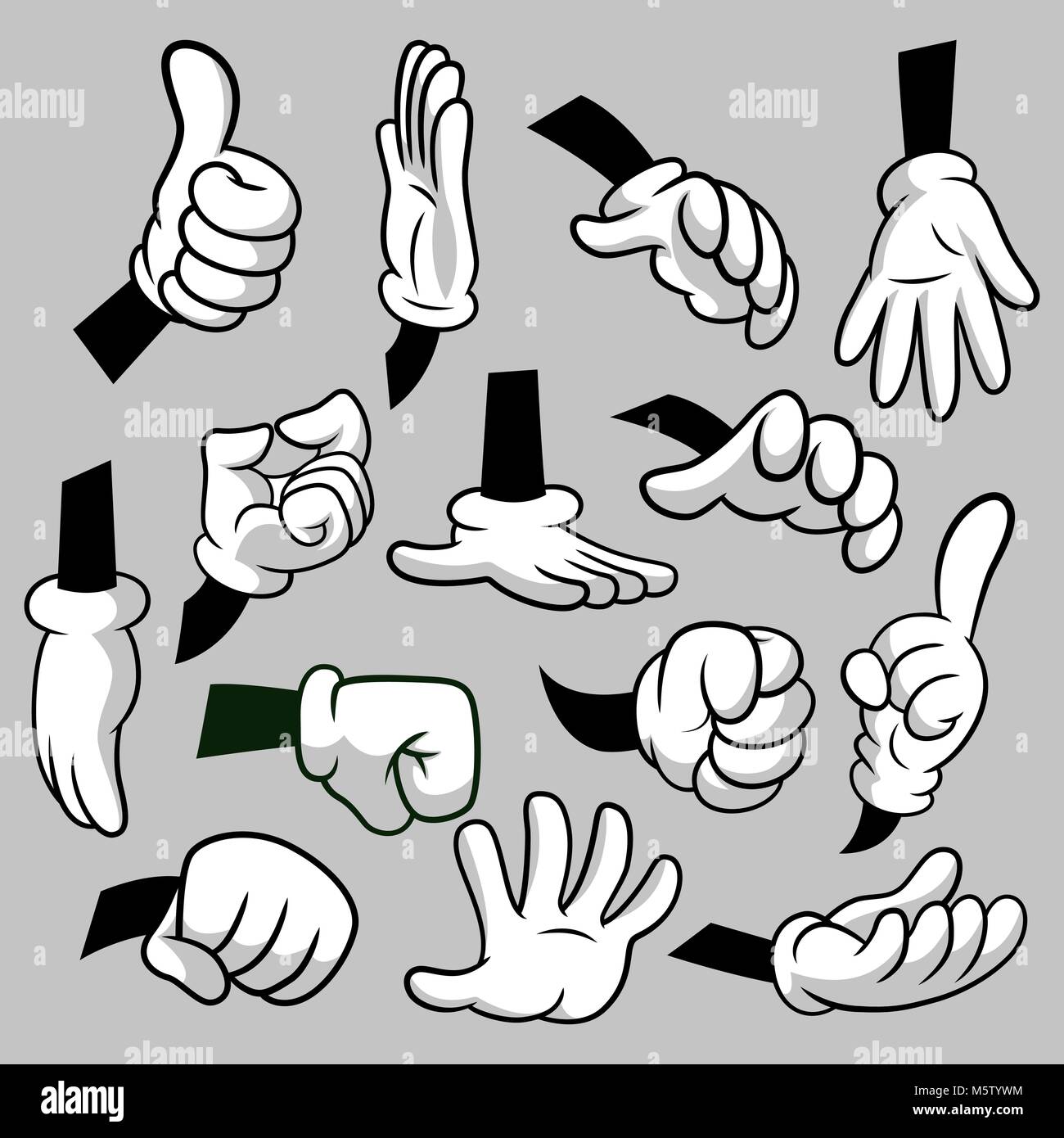 Cartoon hands with gloves icon set isolated. Vector clipart - parts of body, arms in white gloves. Hand gesture collection. Design templates for graphics Stock Vector