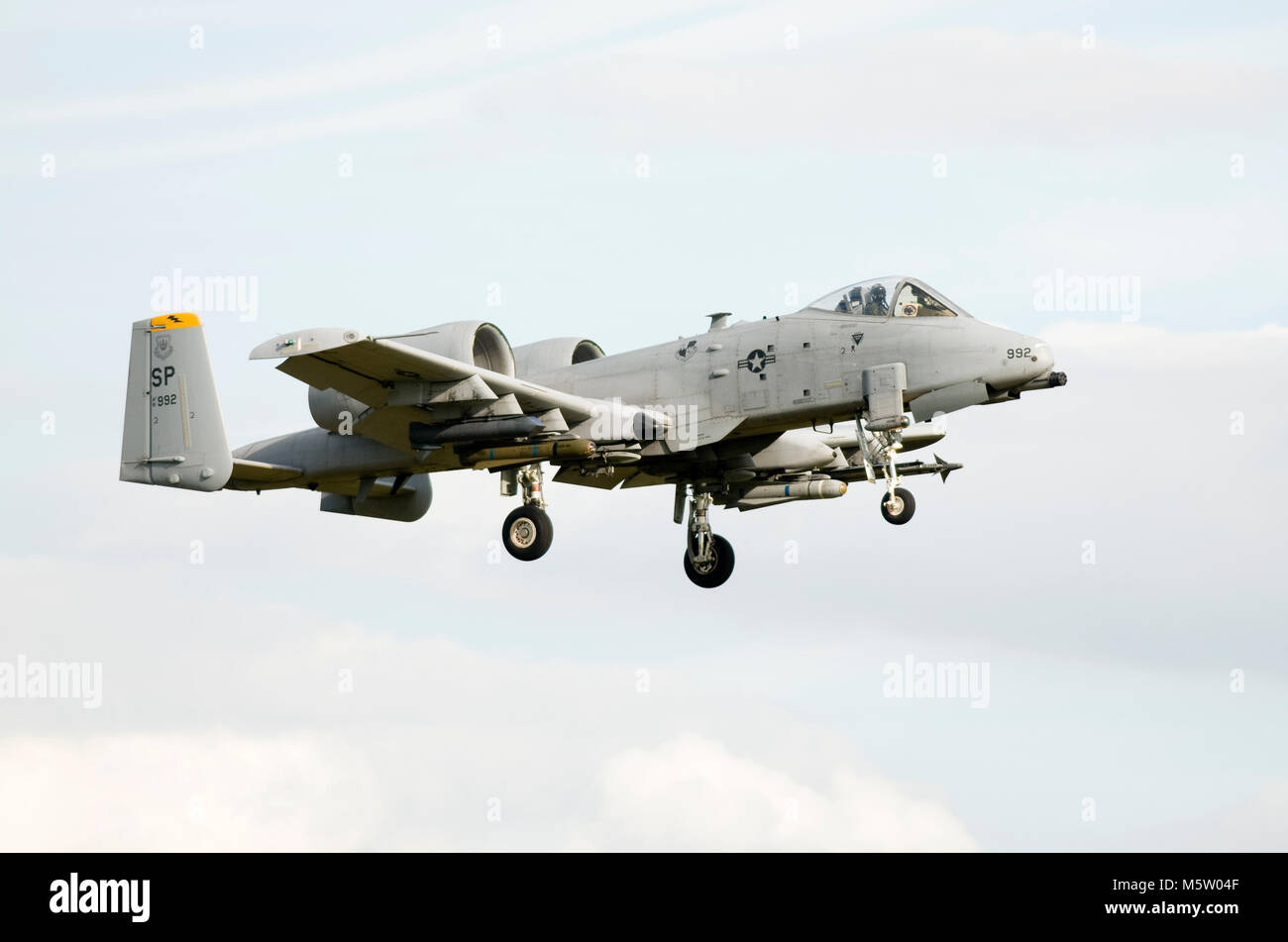 Fairchild Republic A-10C Warthog, 81-0992, of the 81st FS, 52nd FW, USAFE, based at Spangdahlem AB, Germany, seen on final approach to RAF Lakenheath Stock Photo