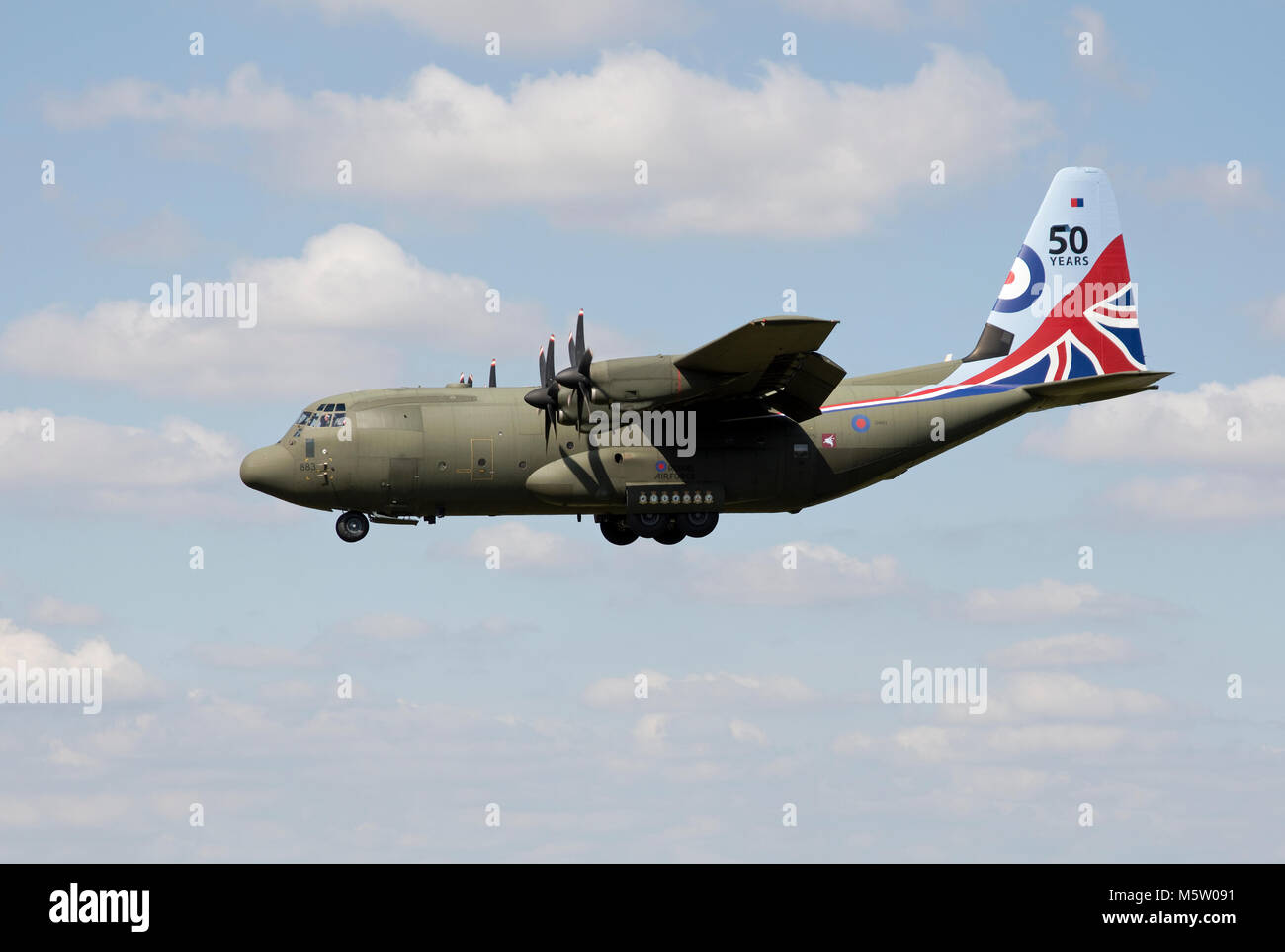 Lockheed Hercules C.5, ZH883 of 30 & 47 Squadrons, RAF, wearing Special marks, 50 years Hercules operations, seen and based at RAF Brize Norton, Oxon Stock Photo