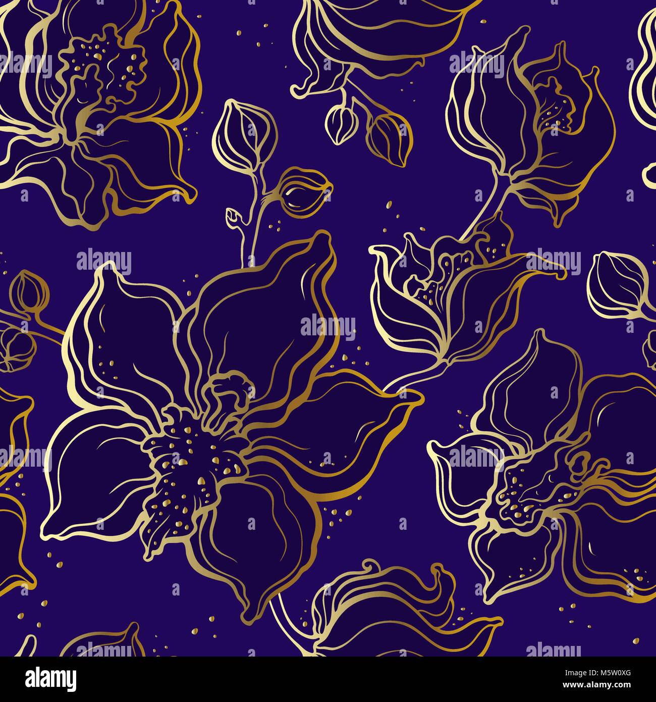 Floral pattern with Orchids. Hand drawn illustration. Seamless ...