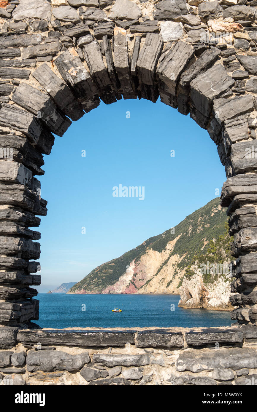 Window on the Ligurian Sea in Porto Venere, Liguria, Italy Stock Photo