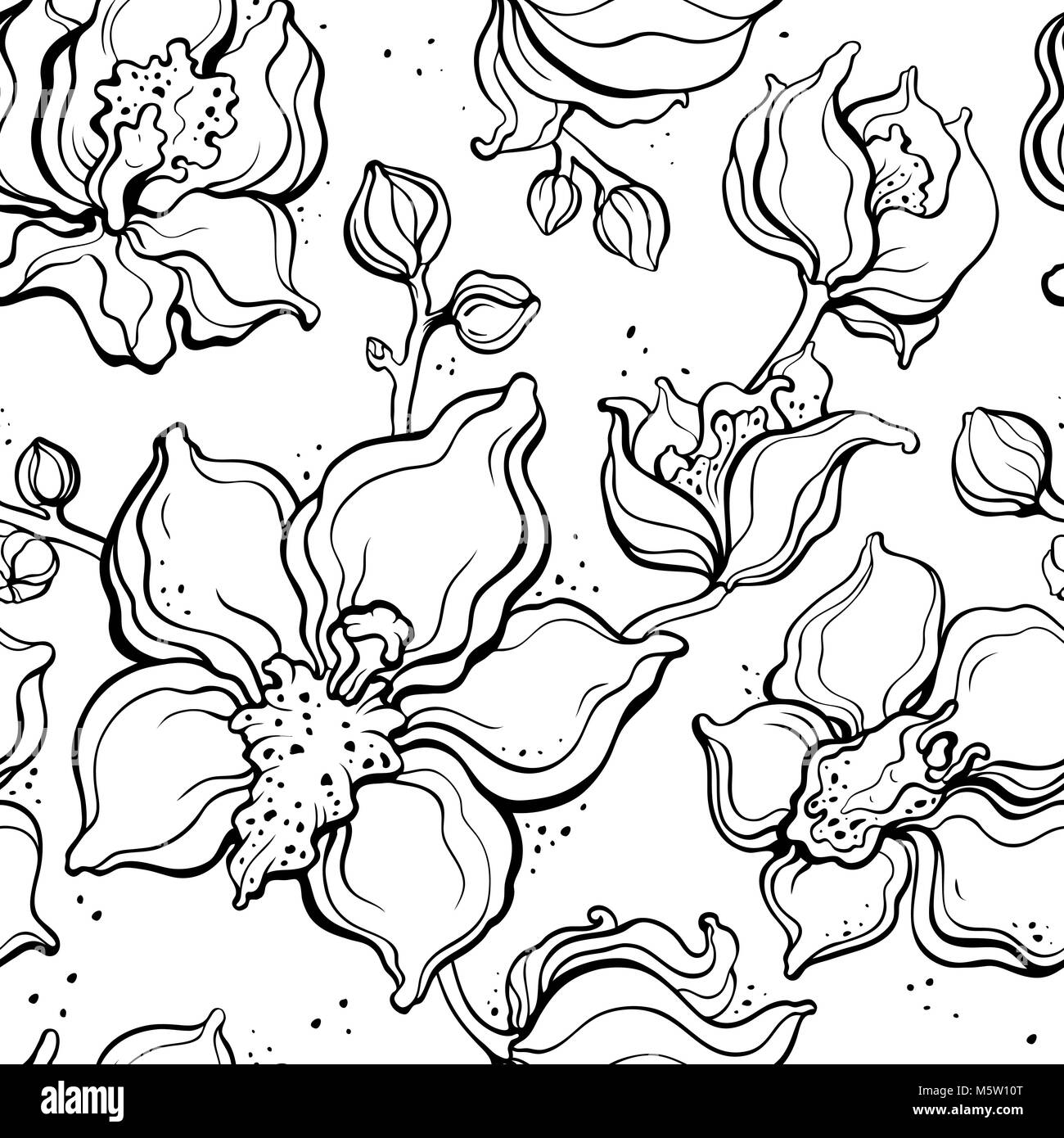 Floral pattern with Orchids. Hand drawn illustration. Seamless ...