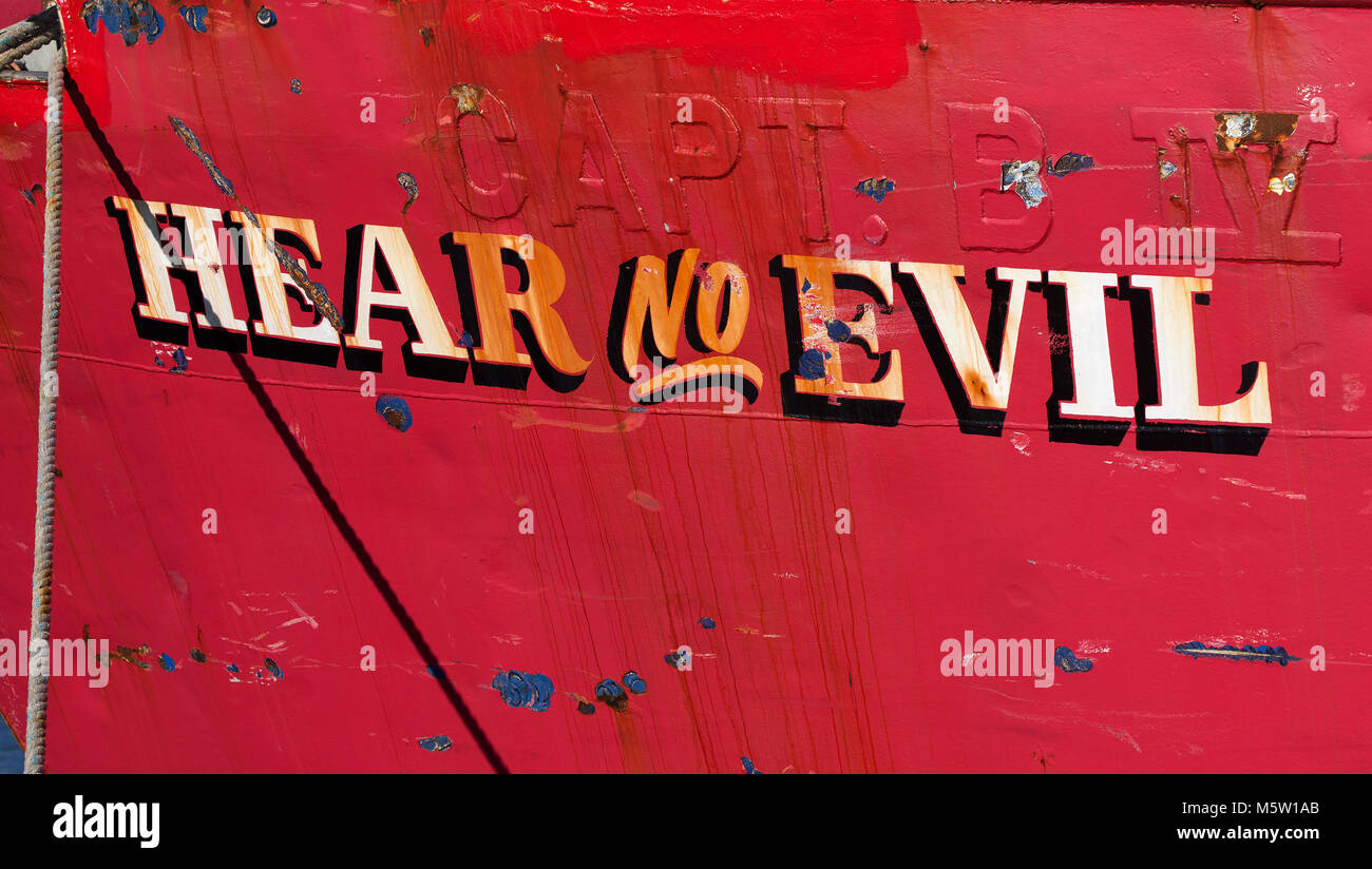 'Hear no Evil' a fishing trawler at the dock in New Bedford, Massachusetts, USA Stock Photo