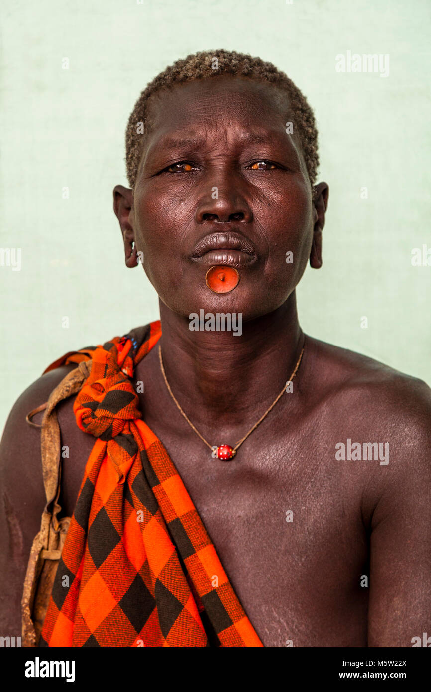 A Portrait Of A Woman From The Bodi Tribe, Bodi Village, Omo Valley, Ethiopia Stock Photo