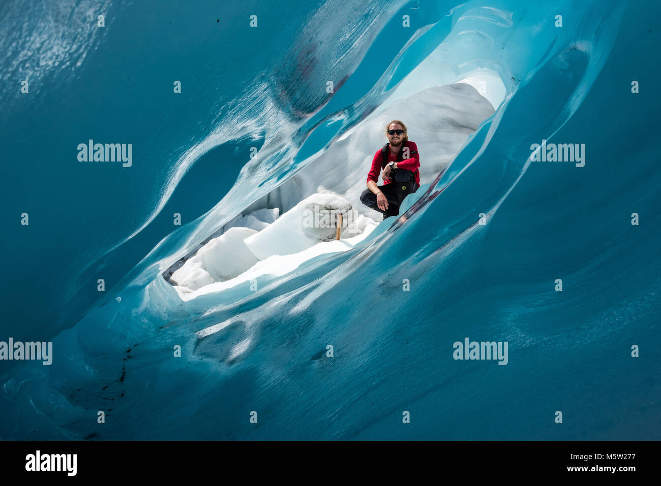 Looking Through Ice, Franz Joseph Glacier, South Island, New Zealand Stock Photo