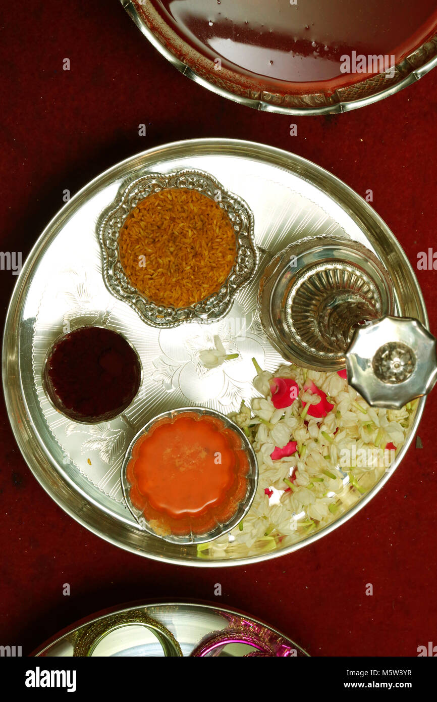 Indian Wedding Ceremony, silver plate on stage. Stock Photo