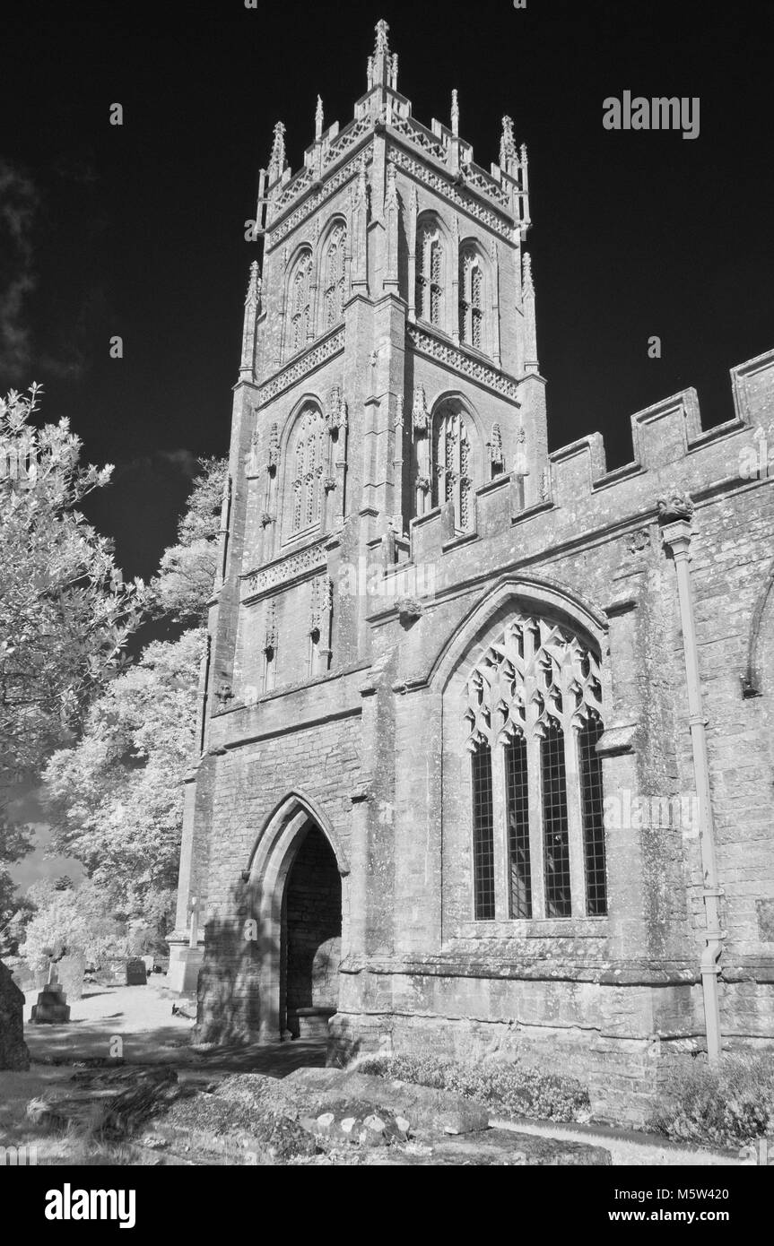 infrared picture of the tower of the Grade 1 listed church of St Mary in Huish Episcopi, near Langport in Somerset, England, UK. Stock Photo