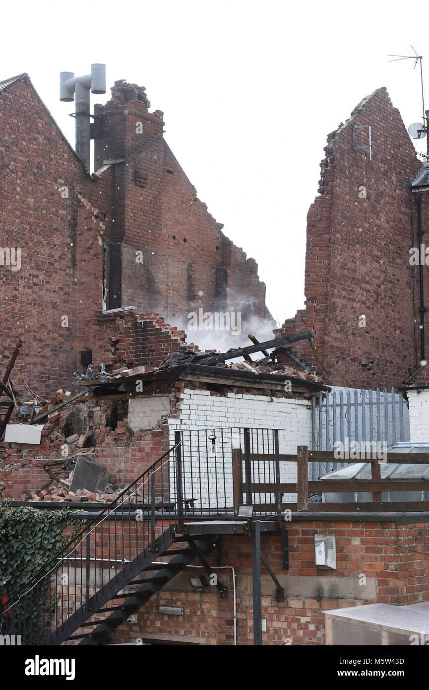 The scene on Hinckley Road in Leicester, where four people were killed after a suspected explosion and the subsequent fire destroyed a shop. Stock Photo