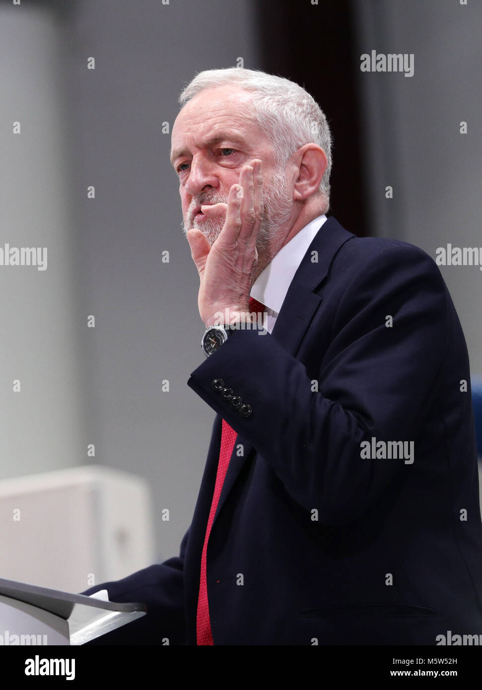 Labour leader Jeremy Corbyn delivers a Brexit speech at the National transport Design Centre (NTDC), Coventry University Technology Park, in Coventry. Stock Photo