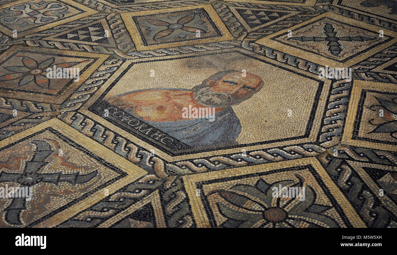 Sophocles (496-406 BC). Greek tragic poet. Portrait of the poet. Mosaic of the Philosophers, depicting the Seven Sages of Ancient Greece. Detail. Found in Cologne, Germany. Roman-Germanic Museum. Cologne. Germany. Stock Photo