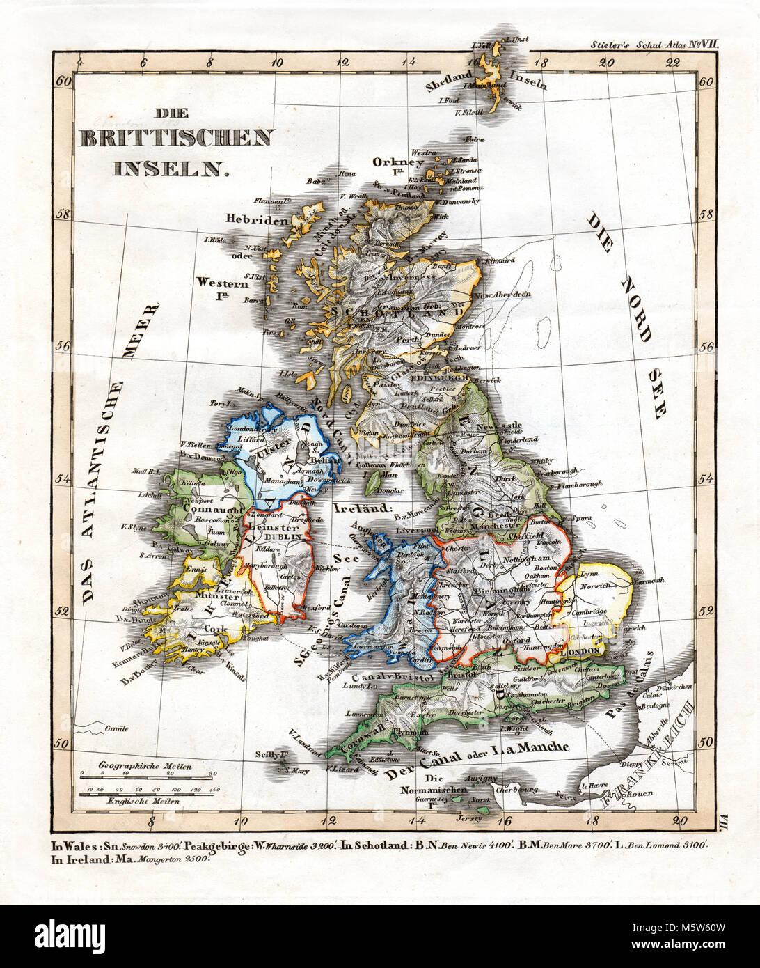 1844 Stieler Map - British Isles - Great Britain & Ireland - England Scotland Wales London Liverpool Dublin Edinburgh Stock Photo
