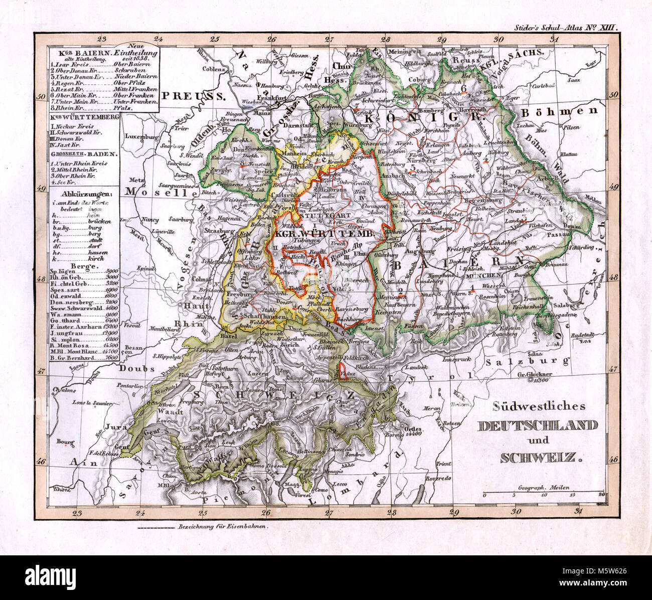 1844 Stieler Map - SW Germany Bavaria & Switzerland - Lucerne Zurich Geneva Stock Photo